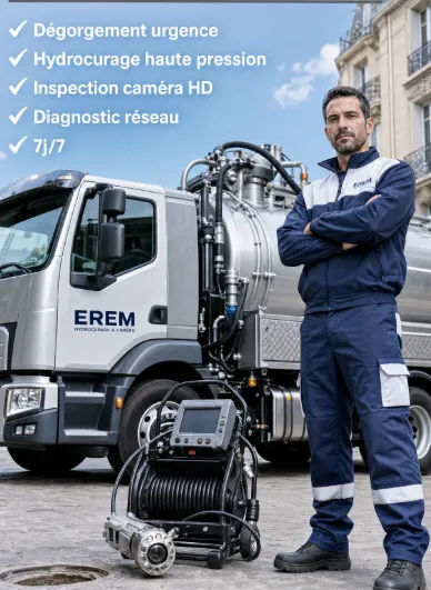 Plombier débouchage canalisation à Montreuil devant son camion d'hydrocurage avec caméra d'inspection
